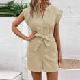 thumbnail image 2 of ZyeKqe Jumpsuits for Women Striped Sleeveless Button down Short Rompers Belted Work Overalls with Pockets, 2 of 5