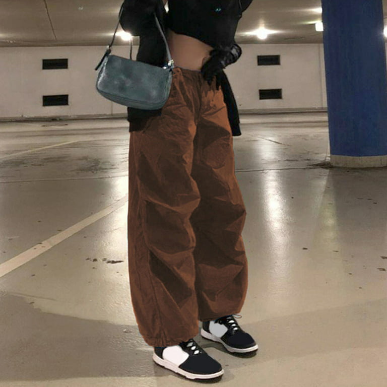 TQWQT Women Casual Loose Cargo Pants Oversized Y2K Baggy Parachute Pants  with Pocket Low Waist Joggers Hippie Trousers Streetwear 