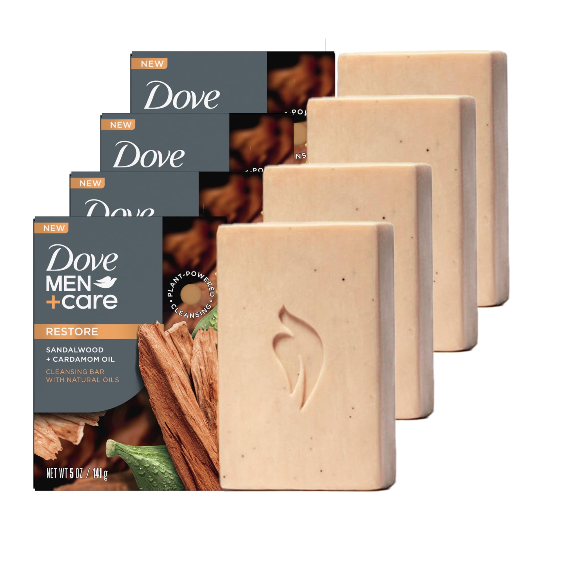 DOVE MEN + CARE MMF7 Cleansing Bar Soap Sandalwood + Cardamom Oil 4 Bars to Rebuild Skin in the Shower, a 4in1 Hair, Body, Face & Shaving Bar with Plant-Based Cleanser and Natural Oils 5 oz