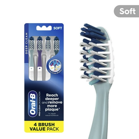 Oral-B Pro Clean Cross Action Soft Bristle Toothbrush, Deep Plaque Removal, 4 Count, for Adults & Children 3+