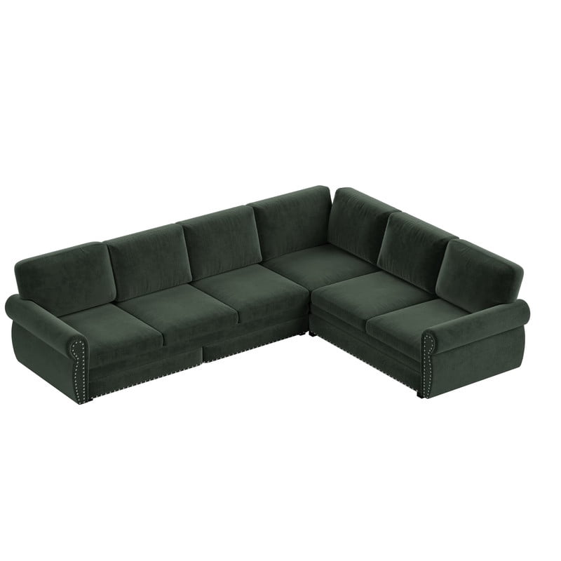 118" L-Shaped Convertible Sleeper Couch Bed, Chenille Upholstered Sectional Sofa with Pull-Out Sofa Bed, Modern Chesterfield Sofa for Living Room