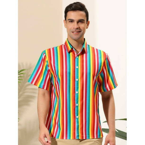 Lars amadeus camisa de verano con estampado de rayas arcoiris para hombre camisas de manga corta con botones arcoiris s lars amadeus camisas