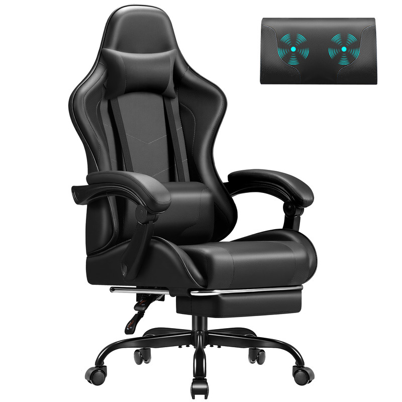 Vyrox PU Leather Gaming Chair with Massage Lumbar Support, Ergonomic High Back Computer Gamer Chair with Adjustable Footrest, Black