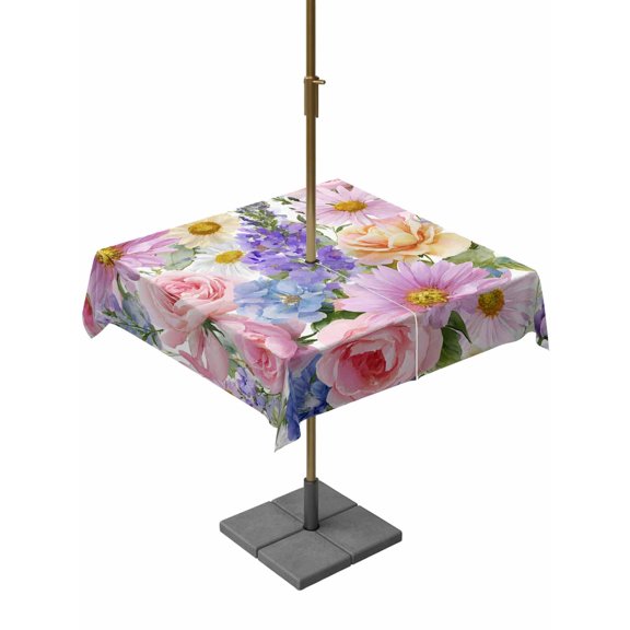 Outdoor Tablecloth with Umbrella Hole for Patio/Picnic/Party/Camping, Purple Pink Floral Waterproof Table Cloth Square Cover Washable, Spring Watercolor Country Flower (54"x 54")