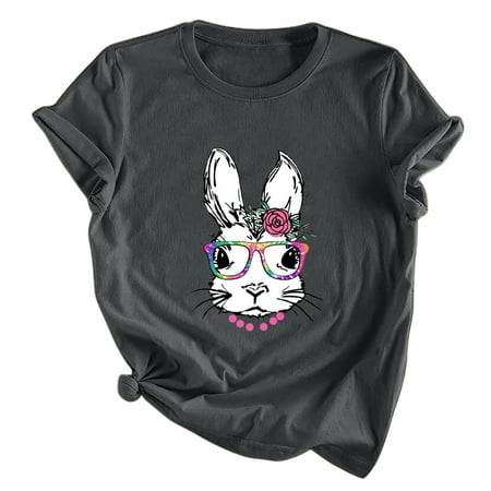 

Womens Cartoon Bunny Print T-Shirt Lightweight Casual Short Sleeve Pullover Tops Cute Easter Rabbit Graphic Tee Shirts