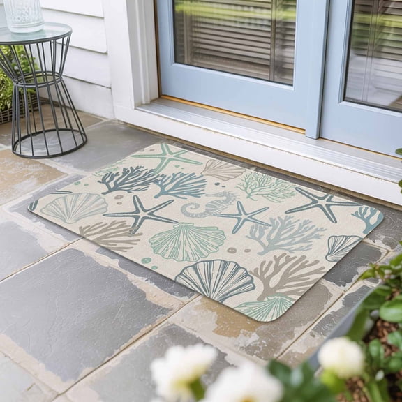 Aqua Teal Coastal Door Mat Indoor Outdoor,Summer Beach Starfish Coral Nautical Rustic Non Slip Welcome Mat with Rubber Backing,Absorbent Front Door Mats Entryway Rug for Home Patio Entrance 18"x30"
