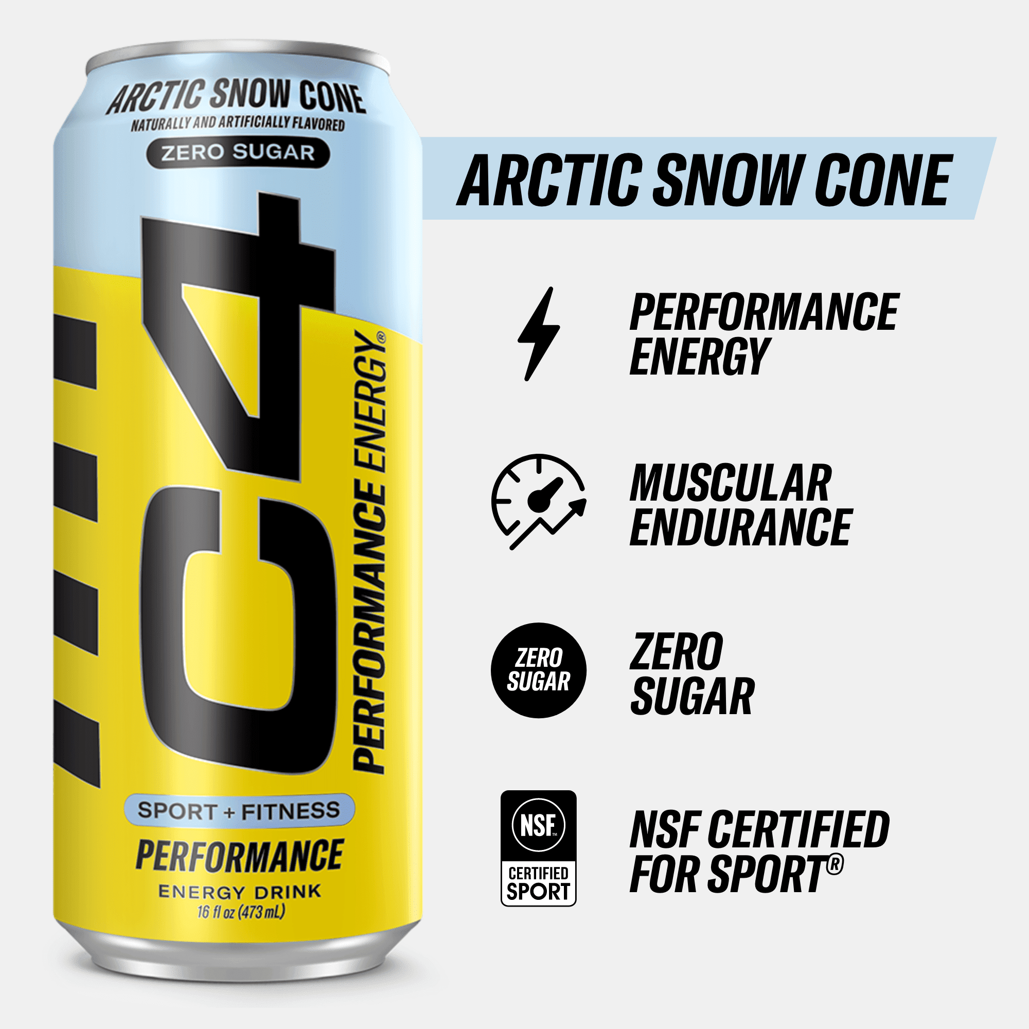 C4 Performance Energy Drink, Arctic Snow Cone Flavor, Zero Sugar, Carbonated, 16 fl oz Can, 12 Pack