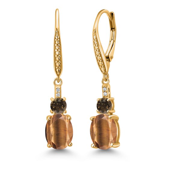 Gem Stone King 18K Yellow Gold Plated Silver Brown Tiger Eye and Brown Smoky Quartz Dangle Earrings for Women with Lab Grown Diamond (3.55 Cttw, Oval 9X7MM)