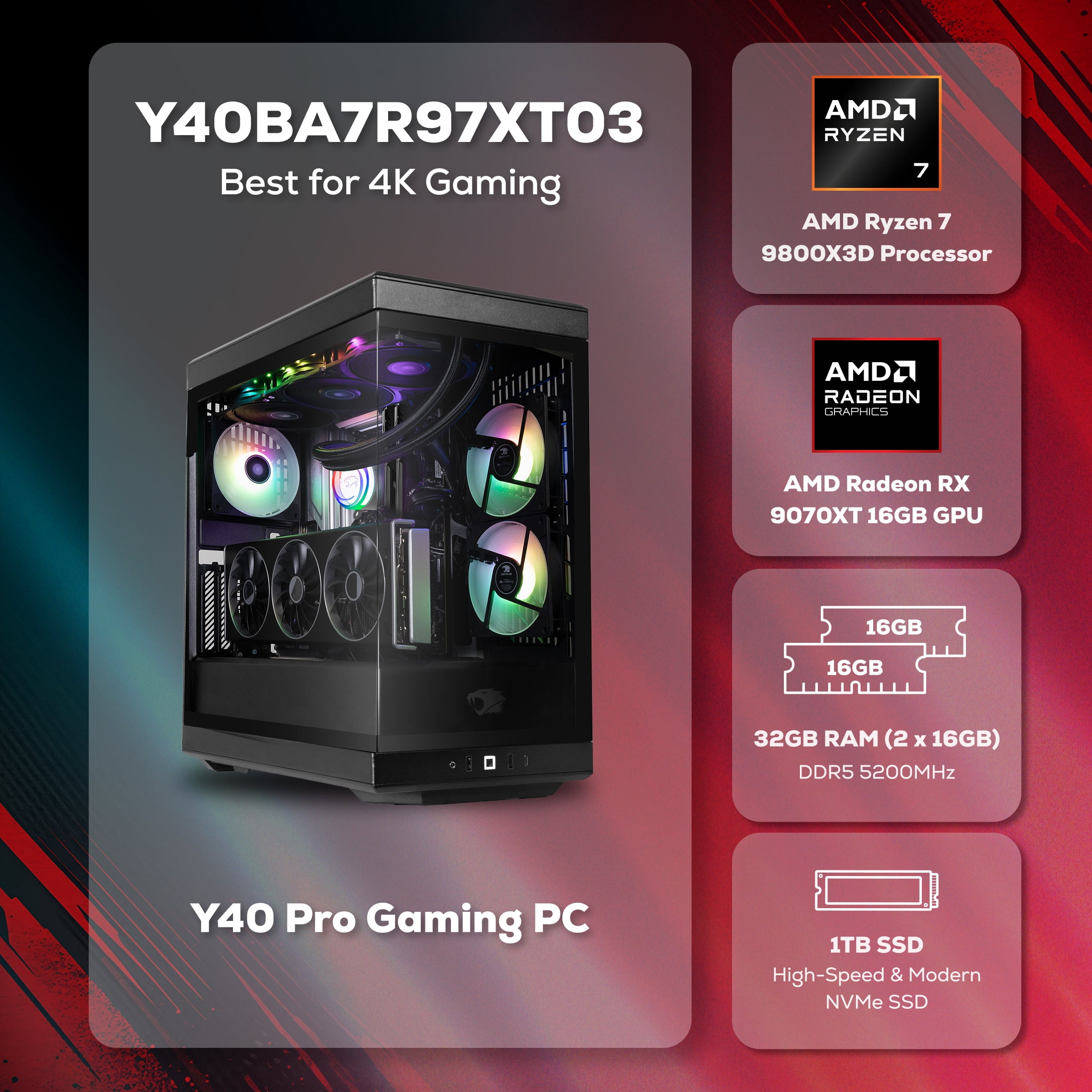 iBUYPOWER Y40 Gaming PC Desktop, AMD Ryzen 7 9800X3D, AMD Radeon RX 9070XT 16GB, 32GB DDR5 RAM, 1TB NVMe SSD, Y40BA7R97XT03