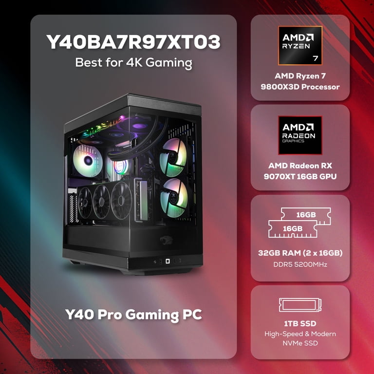 iBUYPOWER Y40 Gaming PC Desktop, AMD Ryzen 7 9800X3D, AMD Radeon