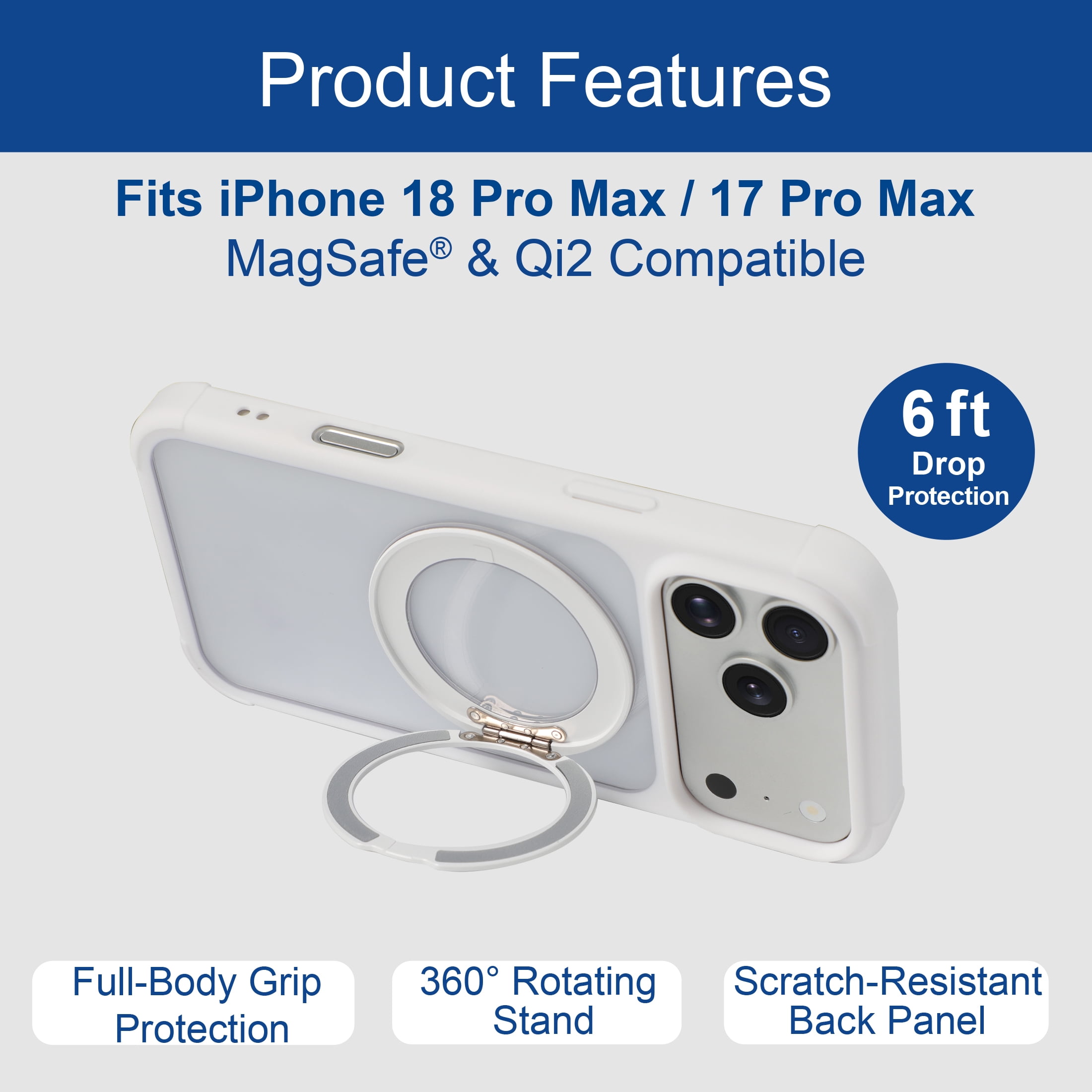 onn iPhone 18 Pro Max and iPhone 17 Pro Max Bumper Phone Case with MagSafe & 360 Ring Kickstand, White