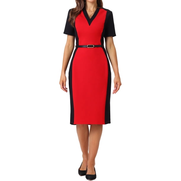 Vestido de tubo para mujer Inspire Chic, vestido de lápiz de color contrastante, 2XL, rojo oscuro
