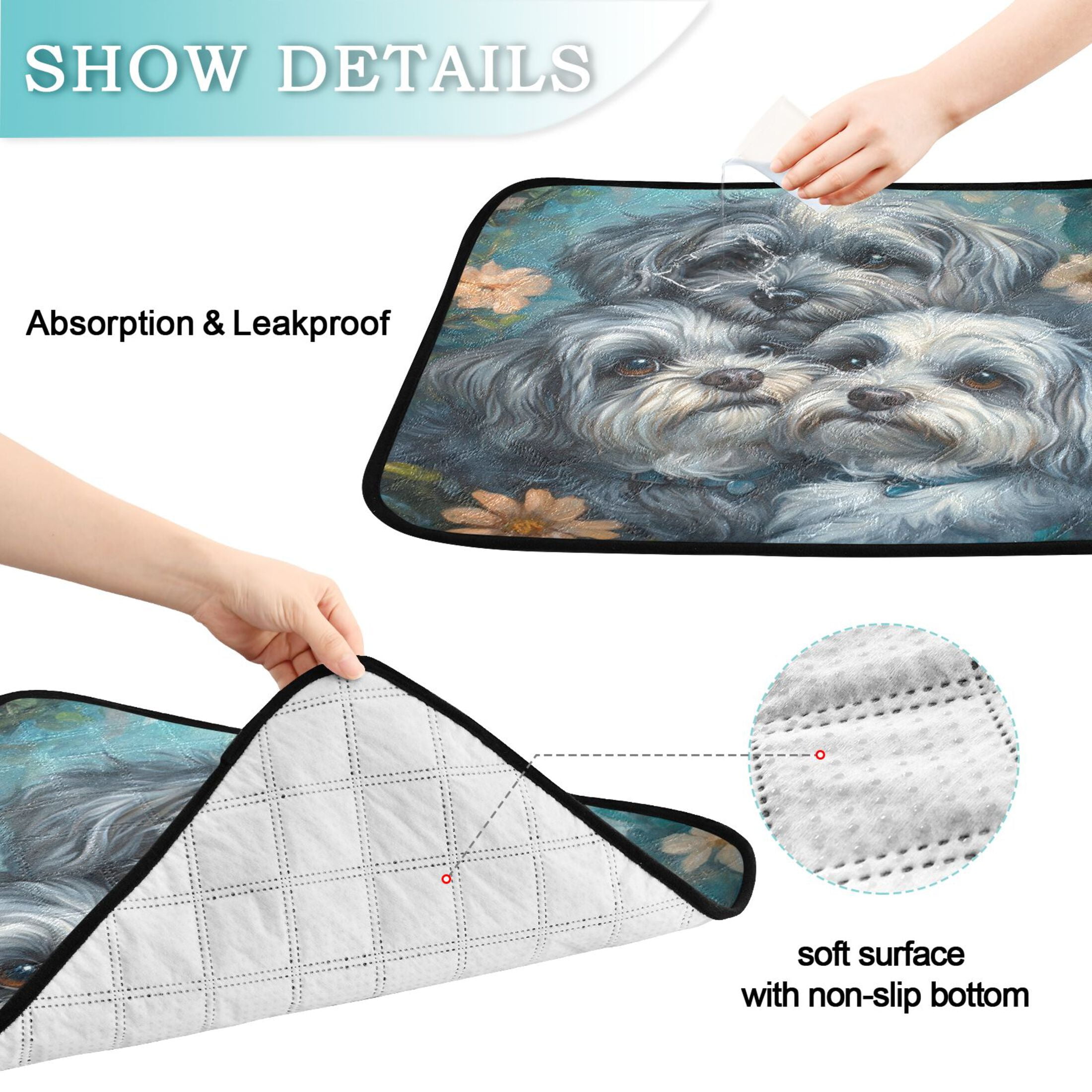 Qxltty Cute Gray Lhasa Apso Dogs Cat litter Pads Pet Set of 3 Diaper Mats Center Anti-leakage Layer Absorbent Soft and Comfortable