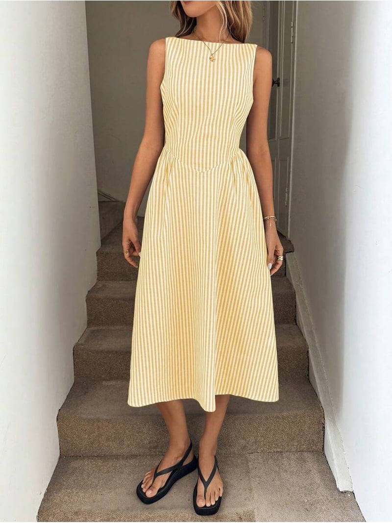 boat neck dress a line Striped Boat Neck Cinched Waist A-Line Midi Dress in Yellow