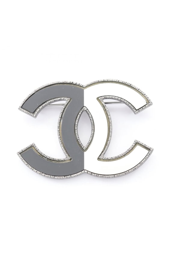 Pre-Owned CHANEL Coco Mark Brooch, Stainless Steel, Women's, Silver, Black, White, A16B