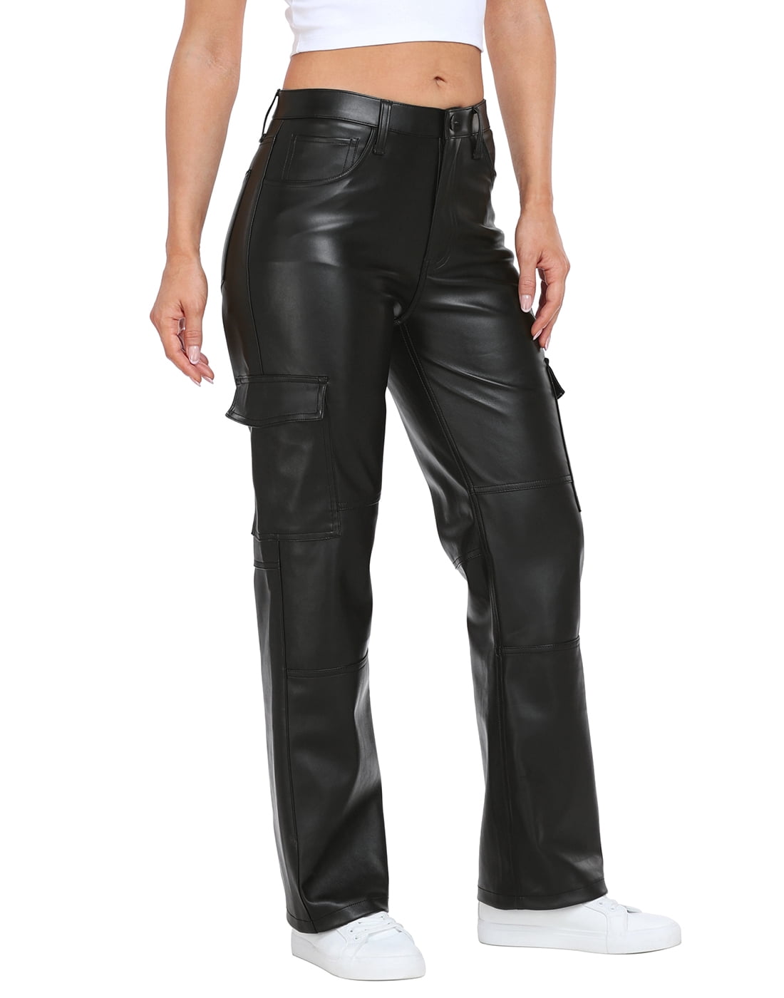 HDE Women's High Waisted Faux Leather Cargo Pants with Pockets Black 31