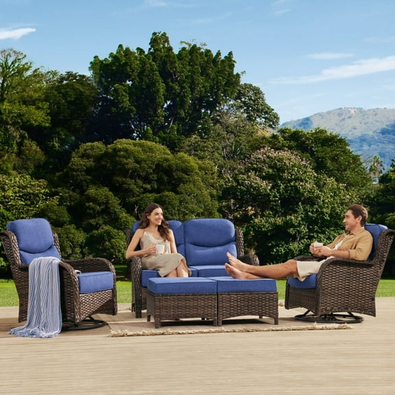 Hilga 3-Piece Wicker Patio Furniture Set with Loveseat and Swivel Glider Chairs, Brown/Blue