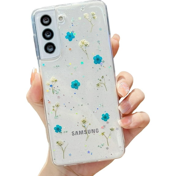 Galaxy S22 Flower Case, Soft Clear Flexible Rubber Pressed Dry Real Flowers Case Girls Women Glitter Floral Cover for Samsung Galaxy S22 -Blue