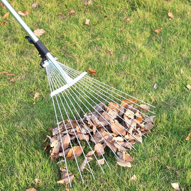 RASTRILLO DE HOJAS AJUSTABLE, HERRAMIENTA DE LIMPIZA DE JARDÍN DE ACERO AL CARBOBERO CON ACORTADOR, ADECUADO PARA AGRICULTRA, JARDINES, etc., Fácil de Transporte, Hojas