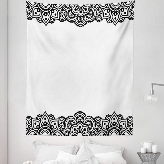 Abstract Tapestry, Damask Inspired Border Design Folkloric Curls Flowers Retro Style Cultural, Fabric Wall Hanging Decor for Bedroom Living Room Dorm, 5 Sizes, White and Black, by Ambesonne