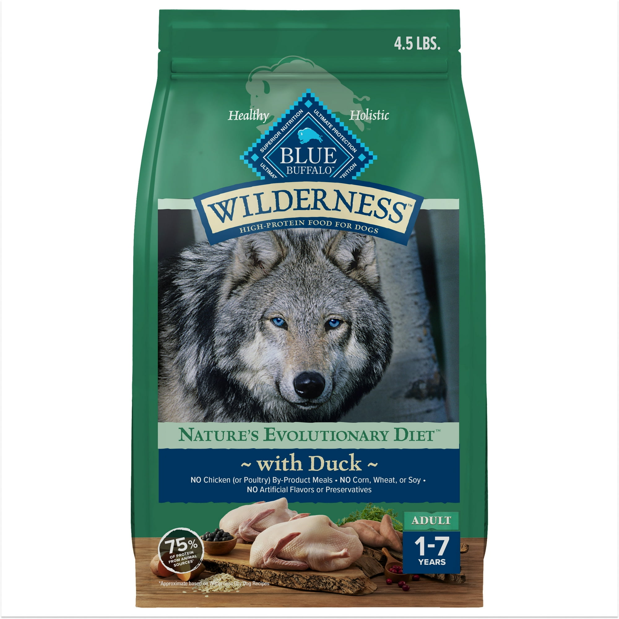 Blue Buffalo Wilderness Natural High-Protein Dry Food for Adult Dogs, Duck, 4.5-lb Bag