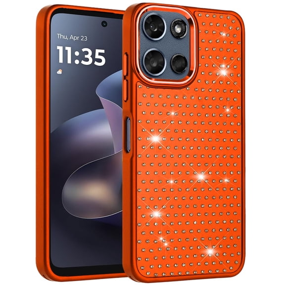 Phone Case for Motorola Moto G Play 5G 2026 Luxury Diamond Bling Sparkle Chrome Metallic Edge Shockproof Durable Protective Stylish Premium Hybrid Design Cover Orange