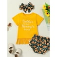 thumbnail image 2 of Arvbitana 0-24 Months Infant Baby Girl Summer Outfit Letter Print Tassel Short Sleeve T-Shirts Leopard/Flower Print Shorts Headband 3Pcs Clothes Set, 2 of 9