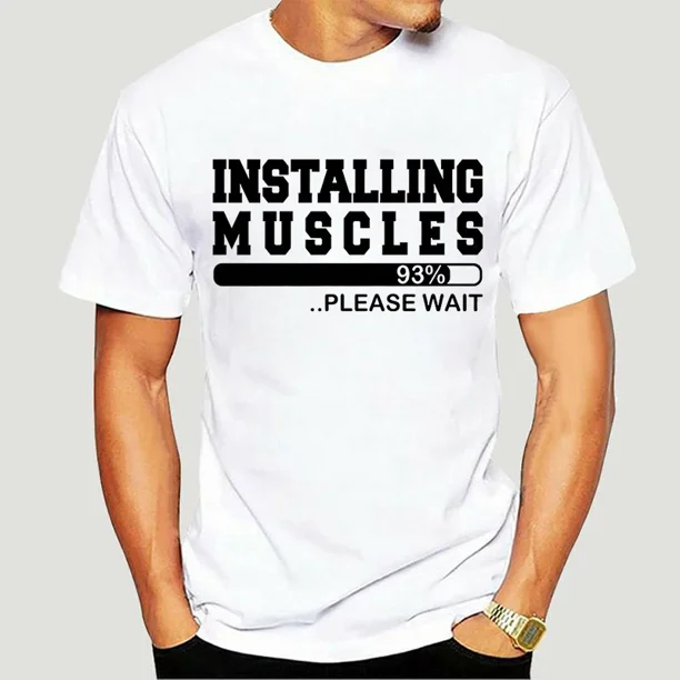 Camisetas para hombre, ropa, instalación de músculos, por favor espere, camisetas novedosas para hombres y adultos, camiseta de manga corta con cuello redondo para hombre.