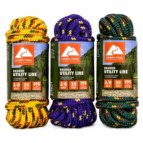 Ozark Trail Braided Polypropylene Blend Utility Line, 3/8 in x 25 ft, 195 lb Maximum Working Load High Visibility Colors