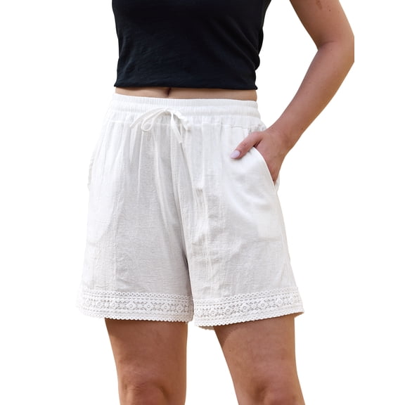 DARING DIVA Women's Summer Lace Trim Beach Cover Up Shorts with Pockets X-Small White