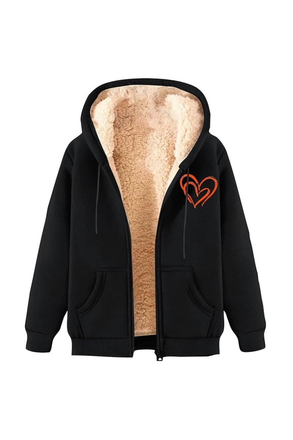 Womens Lined Zip up Hoodie Coat Thermal Warm Sherpa Full Zipper Sweatshirts Jackets Trendy Love Heart Print Soft Comfortable Long Sleeve Drawstring Cute Hooded Tops Black4 XXL
