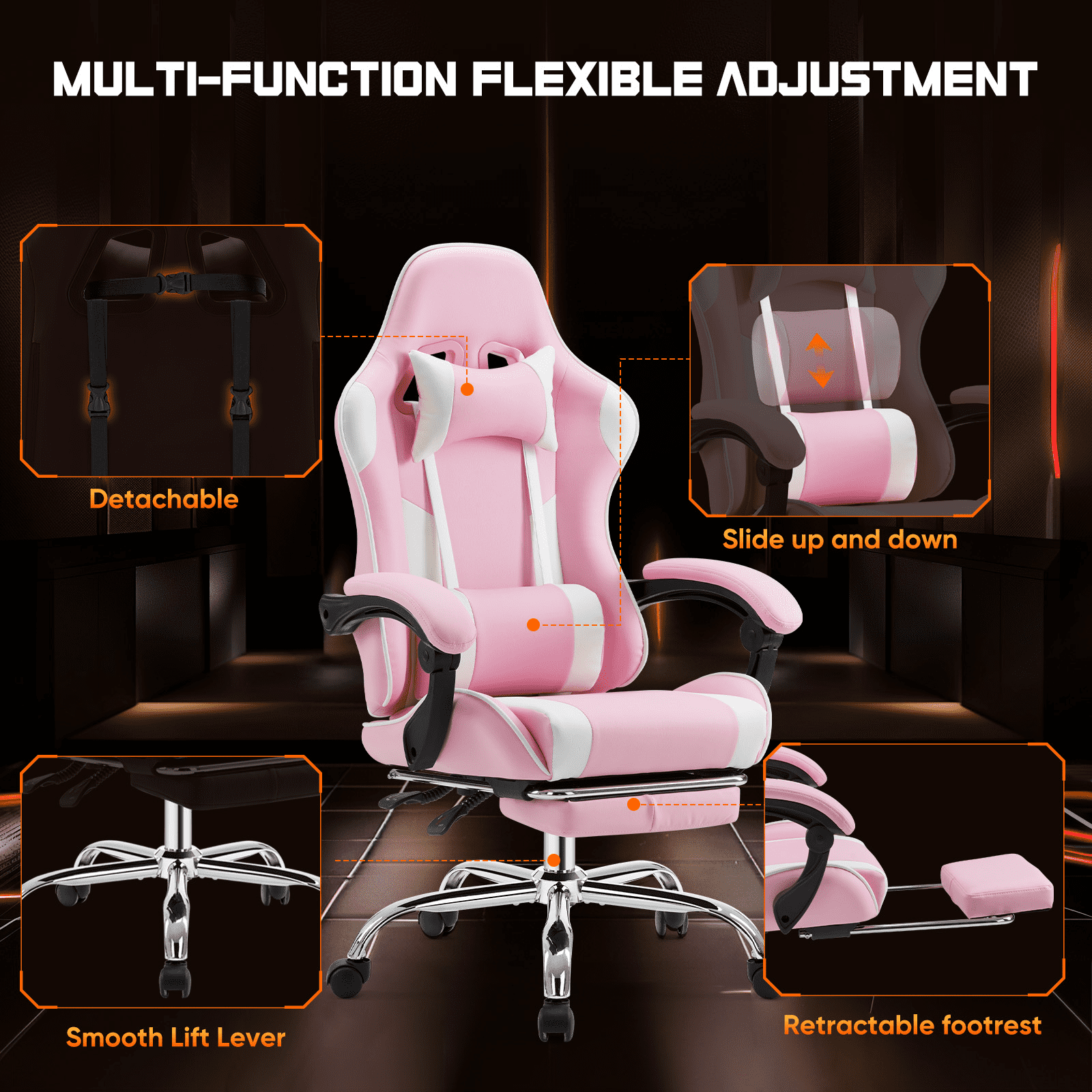 MAYEERTY Video Game Desk Chair - Ergonomic Computer with Footrest and Comfy Lumbar Support, PU Leather Recliner with Headrest, Fixed Up Armrest,