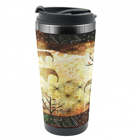 

African Travel Mug Grunge Elephants Roses Steel Thermal Cup 16 oz by Ambesonne