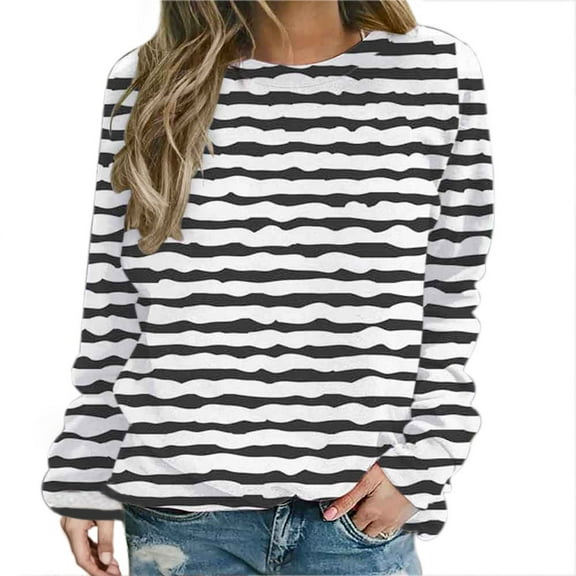 ShomPort Womens Fall Casual Sweatshirt Long Sleeve Cute Pullover Crewneck Striped Tunic Tops