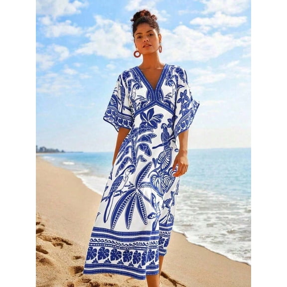 Blue Tropical Print V-Neck Midi Dress With Bell Sleeves