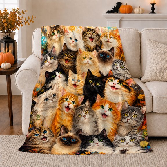 Many Cat Portraits with Autumn Leaves, Realistic Painterly Style for Cat Lovers, Cozy Orange Gallery Scene, Flannel Blanket for Living Room and Bedroom, Birthday Gift and Cat Home Decor