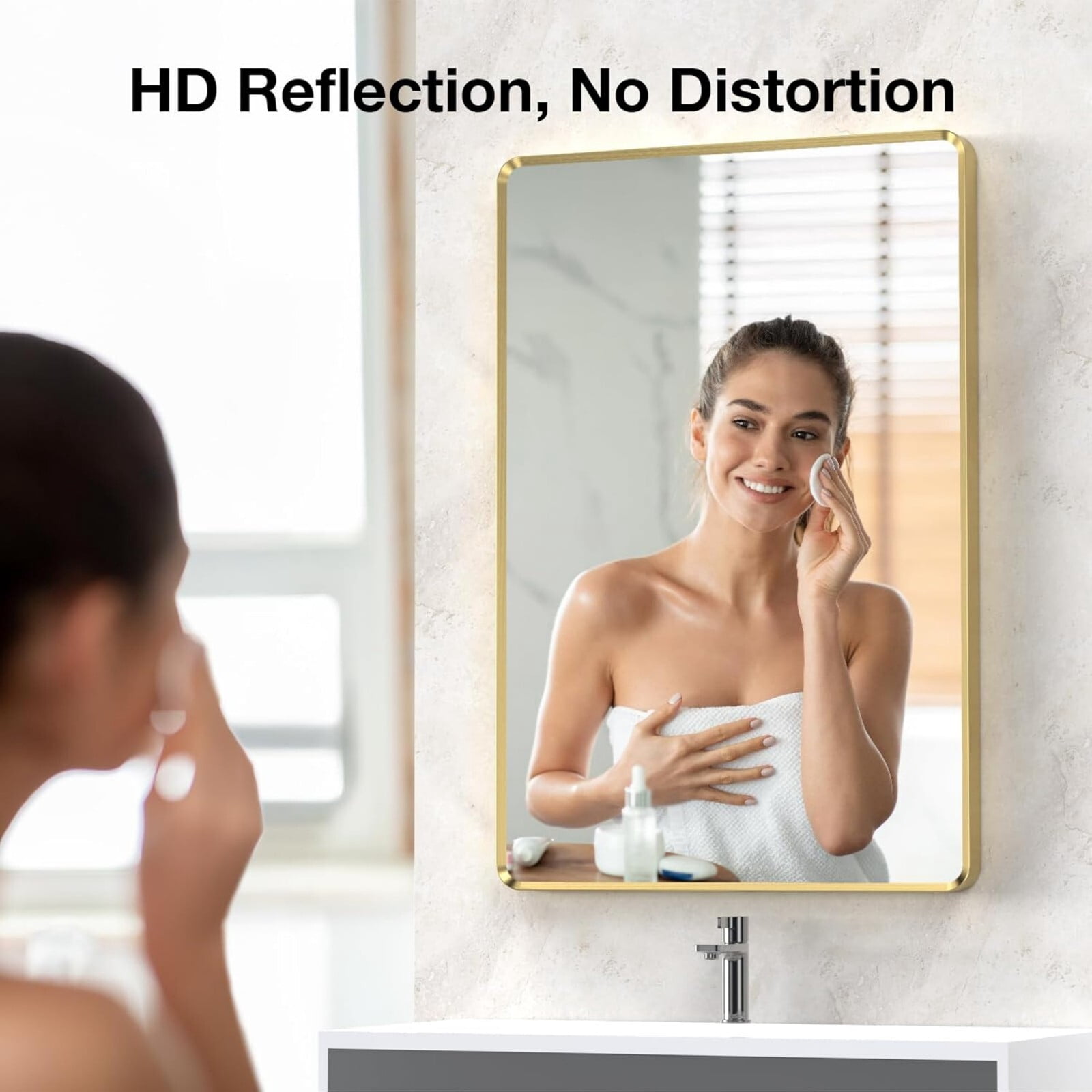BEAUTYPEAK 26"x 38" Rectangle Bathroom Aluminum Alloy Wall Mirror with Rounded Corner,Gold