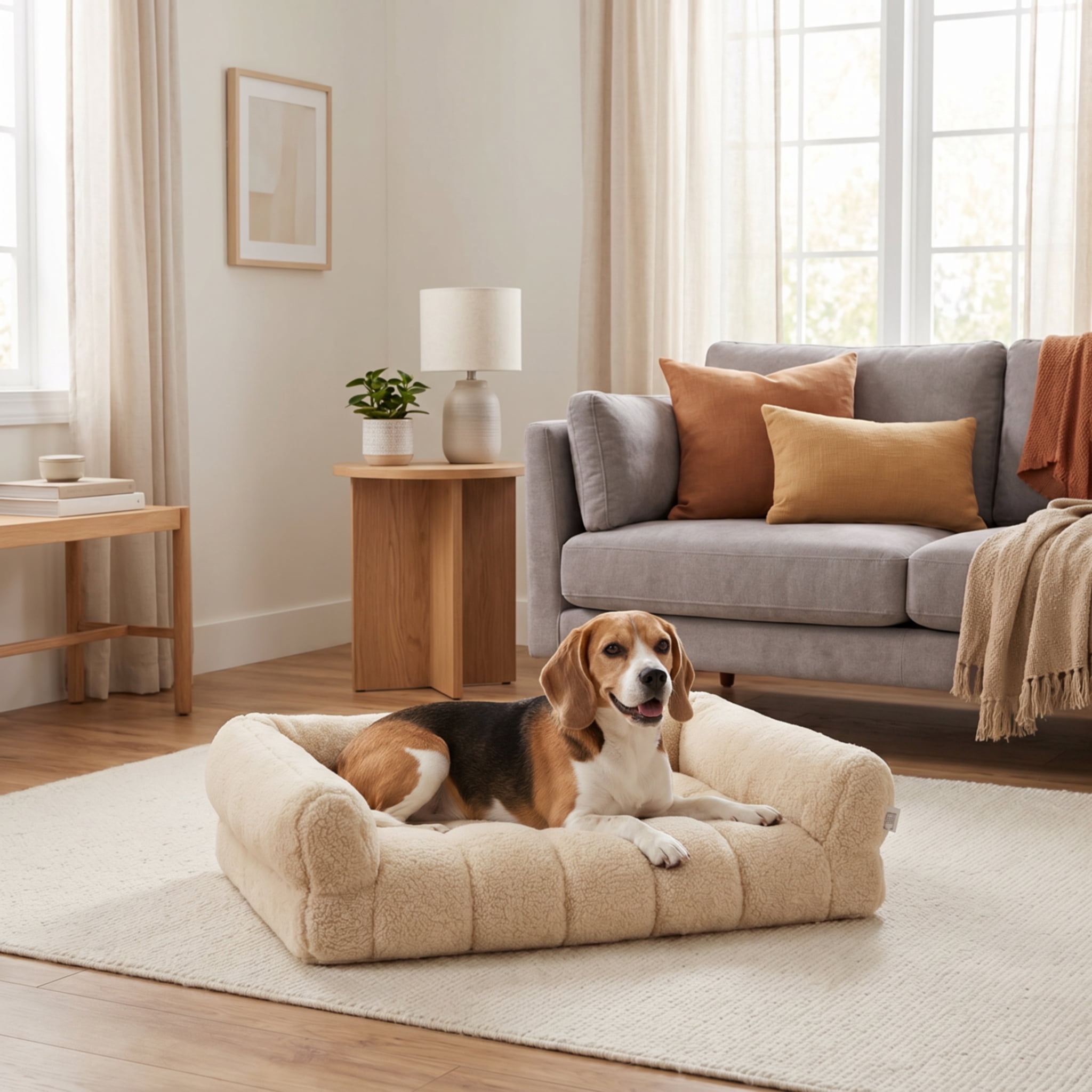 SportPet Designs Quilted Sherpa Sofa-Style Pet Bed Lounger, Tan, Medium, 30 in x 22 in x 7.5 in