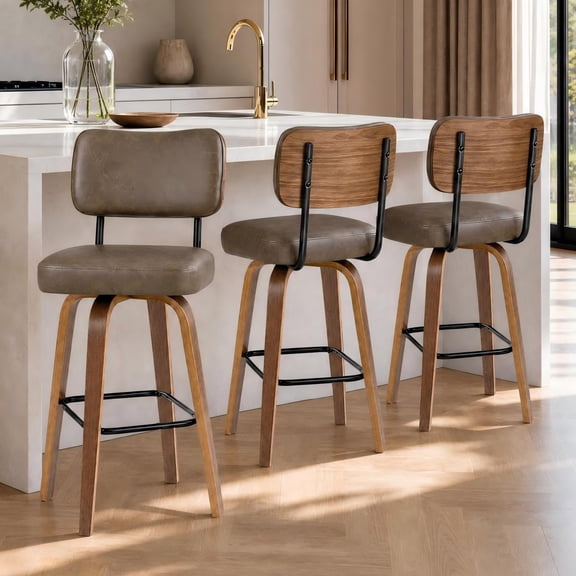 Mteryoing Set of 3 Counter Height Swivel Bar Stools with 360° Swivel, Faux Leather Upholstered Kitchen Island Chairs, Black/Beige/Brown