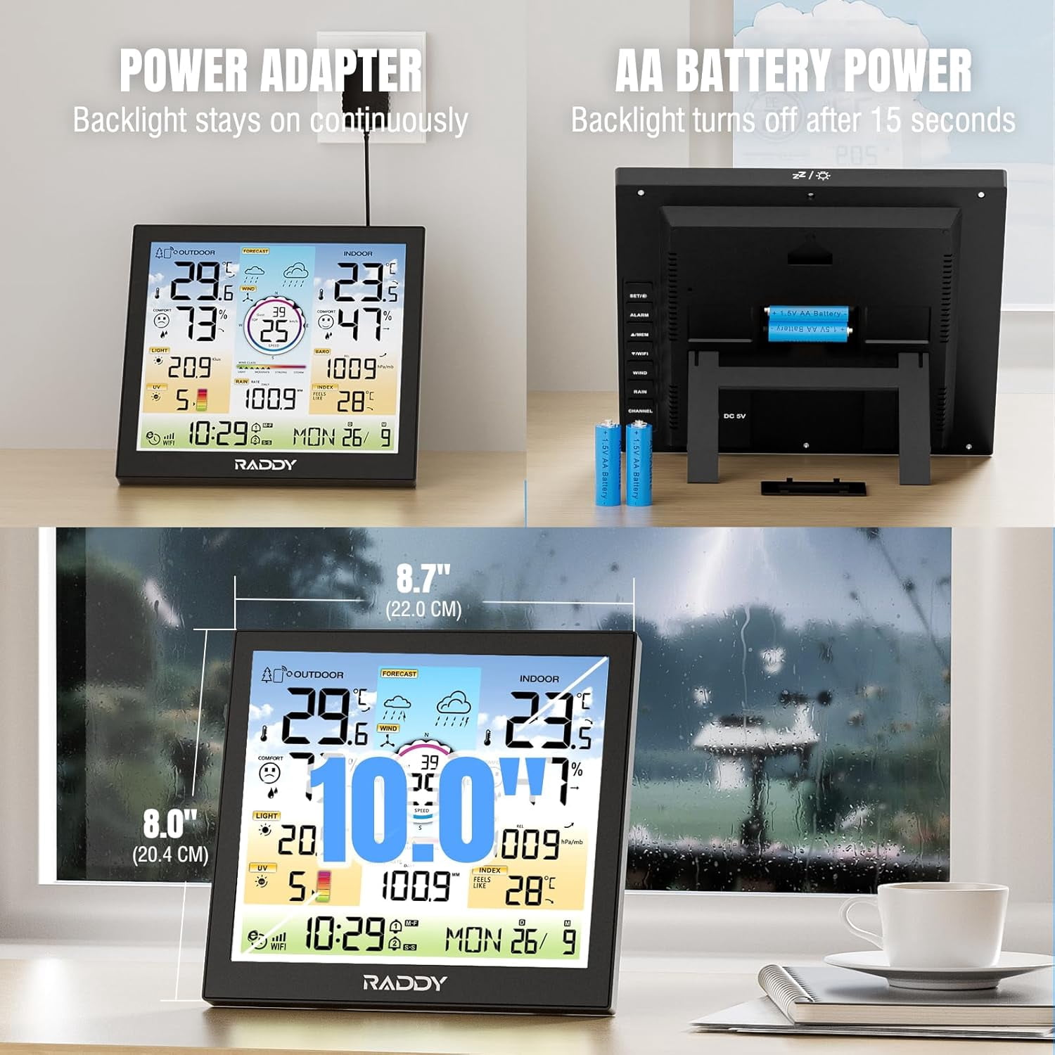 Raddy WF-120C Professional Wi-Fi Weather Station Wireless, Indoor Outdoor Temperature & Humidity Monitor with 10" Digital Color Display, Rain Gauge, Wind Speed, Weather Forecast, UV & Light Index
