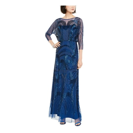 ADRIANNA PAPELL Womens Navy 3/4 Sleeve Full-Length Baby Doll Dress Petites 10P