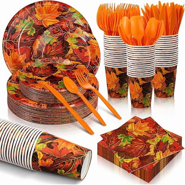 wonima02 252 Pcs Fall Maple Leaves Plates and Napkins Set Party Decorations Paper Napkins Paper Plates Cups Knives Spoons Forks Party Dinnerware Serves 36 Guests
