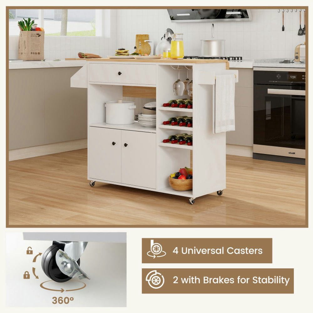 YYAo Kitchen Storage Island, Kitchen Cart,Drop Leaf Mobile Kitchen Island Cart with Power Outlet and Adjustable Shelf-White