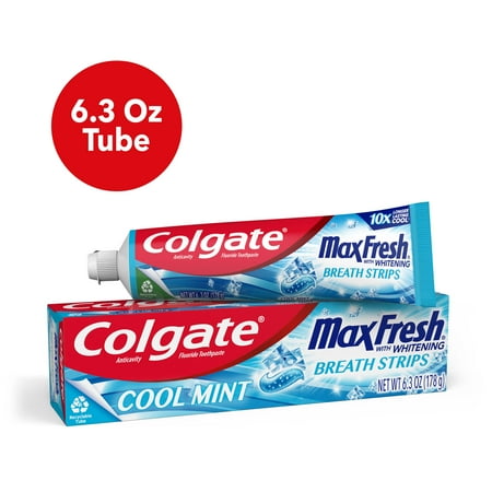 Colgate Max Fresh with Whitening Toothpaste with Mini Breath Strips, Cool Mint Toothpaste for Bad Breath, 6.3 Oz Tube