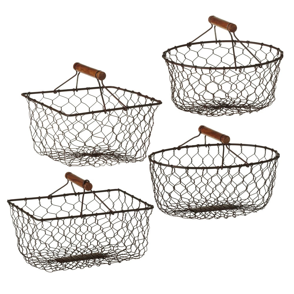 Set of 2 Black Chicken Wire Mini Baskets with Dark Brown Handle 11