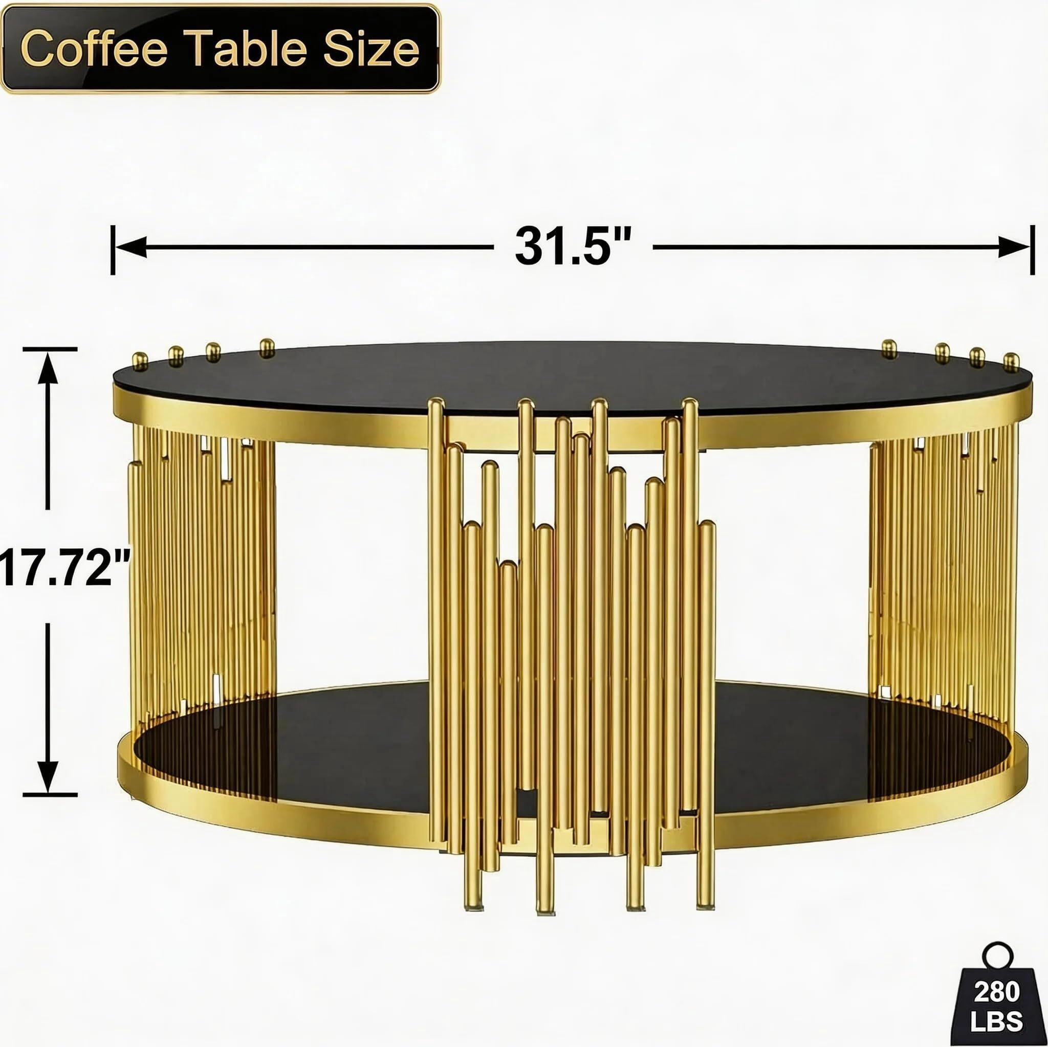 Shikeyi Modern Luxury 31.5" Round Gold Stainless Steel Coffee Table with 2-Tier Black Mirrored Tempered Glass Top, Decorative Center Accent Table for Living Room, Apartment & Home Office