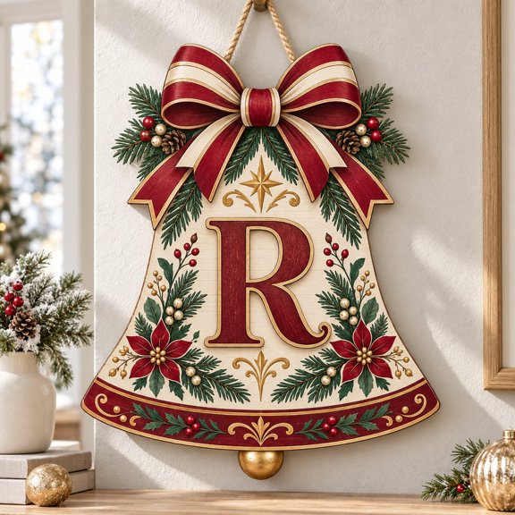 Christmas Bell Door Hanger Wooden Monogram Front Door Decor Holiday