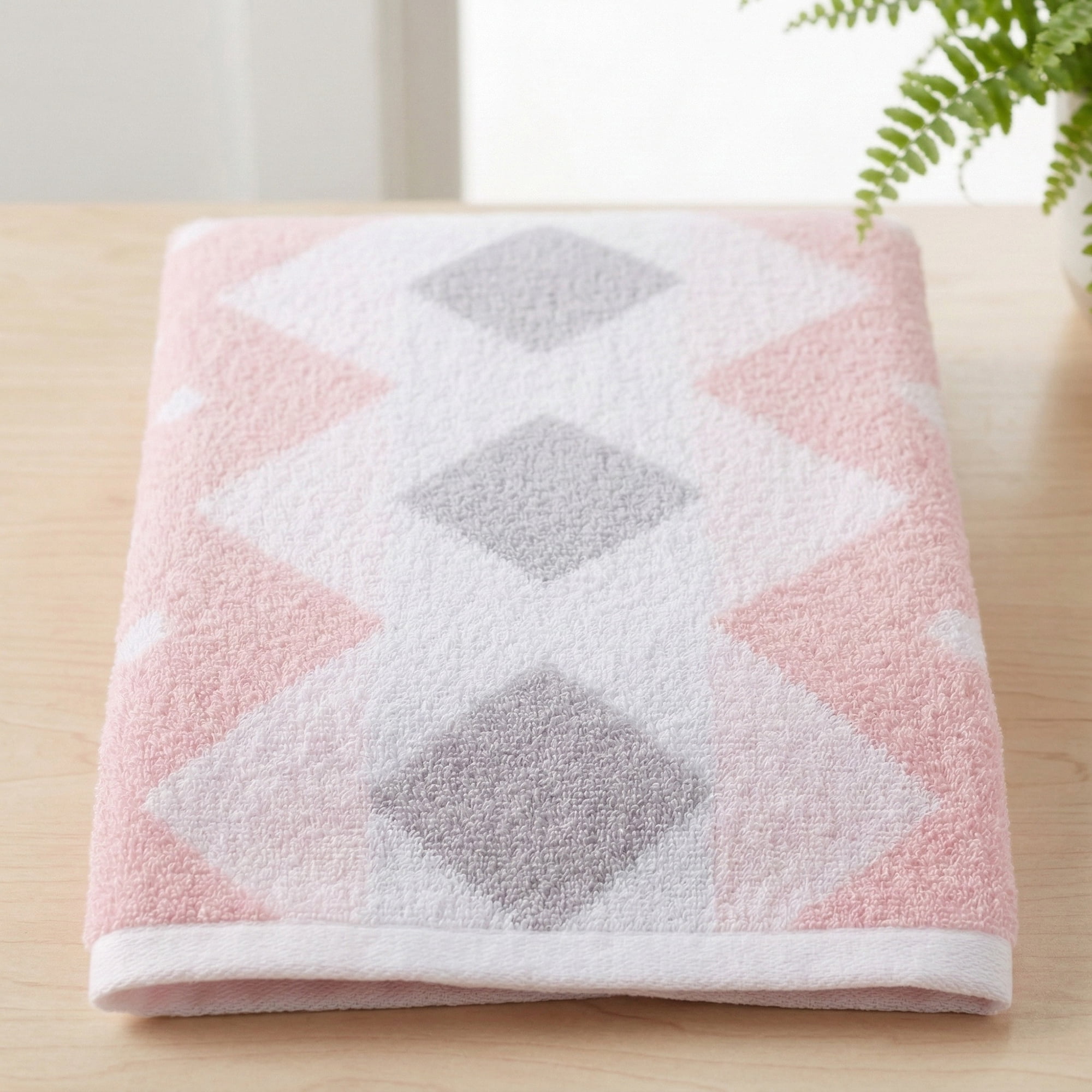 Unique Bargains Geometric Rhombus Cotton Soft Color Block Hand Towel Pink 4pcs 28" x 13"