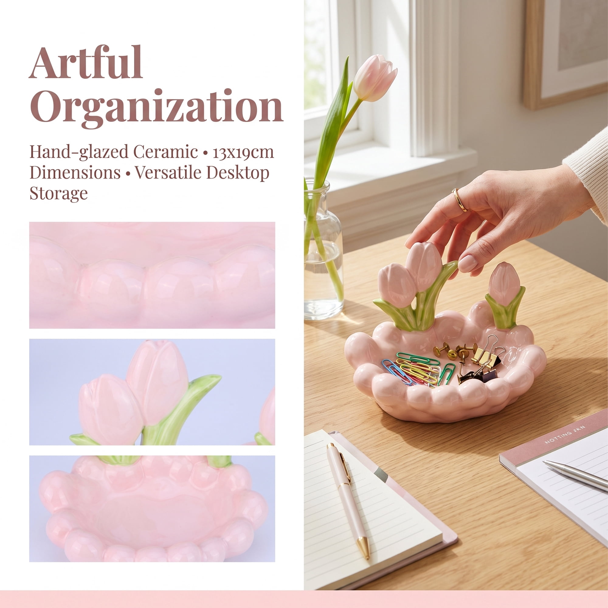 Unique Bargains Tulip Ceramic Flower Storage Jar with Lid Pink 7.5" x 5.1" x 5.1"