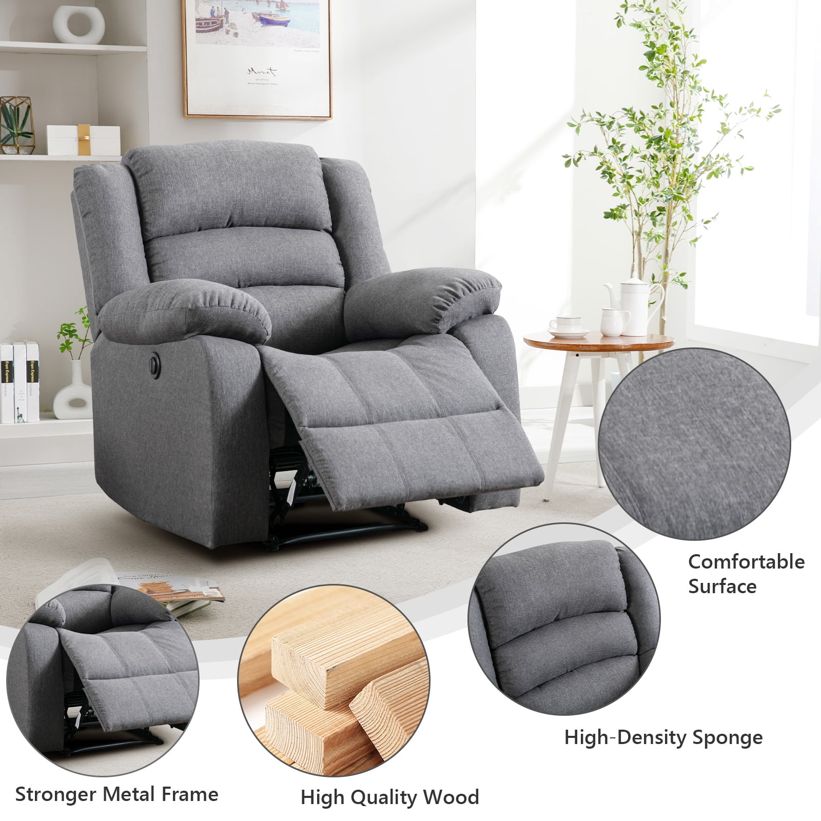 Bonzy Home Power Recliner Chair for Big and Tall，Single Sofa for Living Room Chair，Gray